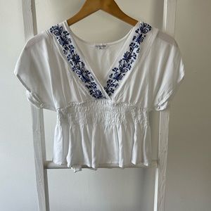 Love on a Hanger White and Blue Embroidered Short Sleeve Top